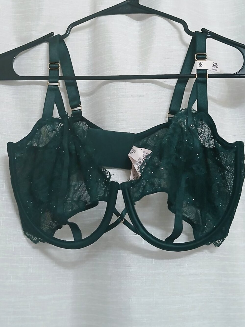 Victoria's Secret Dark Green Unlined Demi-Cup Semi-Sheer Lace Bra 38D